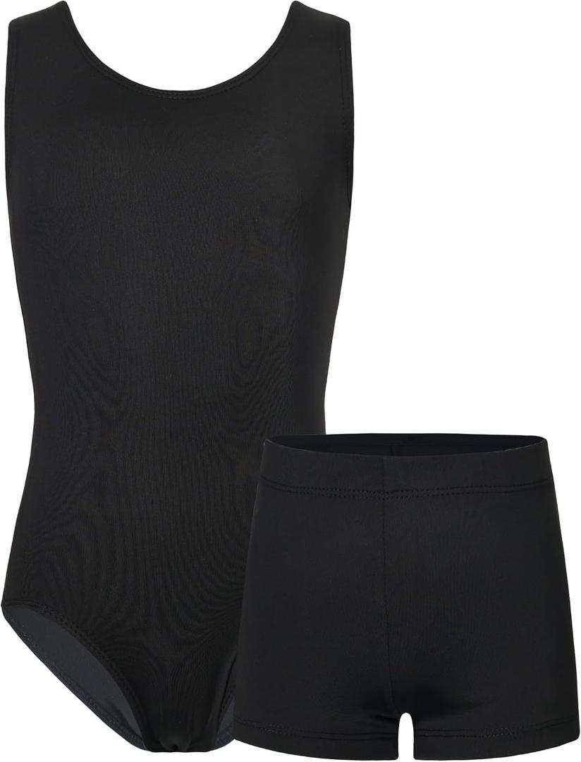 TENVDA Gymnastics Leotards for Girls Sleeveless Kids Dance Tumbling Outfit Matching Shorts Set Age 4-12 Years (Black)