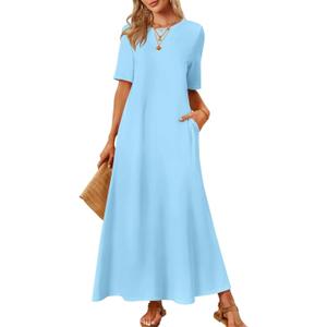 MEROKEETY Summer Spring Maxi Dresses for Women 2026 Casual Vacation Crew Neck Short Sleeve Long T Shirt Dress with Pockets (Large, Skyblue)