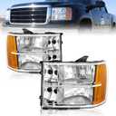 AS Headlights for 2007 2008 2009 2010 2011 2012 2013 GMC Sierra Headlights for 07-13 Sierra 1500/07 08 09 10 11 12 13 14 Sierra 2500 HD/3500 HD with Chrome Housing Amber Reflector Clear Lens Pair (OE Type)
