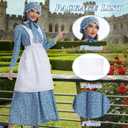 Women Adult Colonial Prairie Costume,Floral Pioneer Dress with Apron and Bonnet M