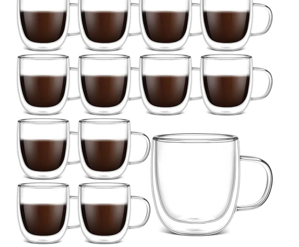 Gerrii Double Walled Glass Coffee Mugs with Handle 10 oz Insulated Borosilicate Glass Cappuccino Mugs Clear Espresso Cups for Home Office Coffee Tea Espresso Latte Milk and Hot Cold Beverages(12 Pack)