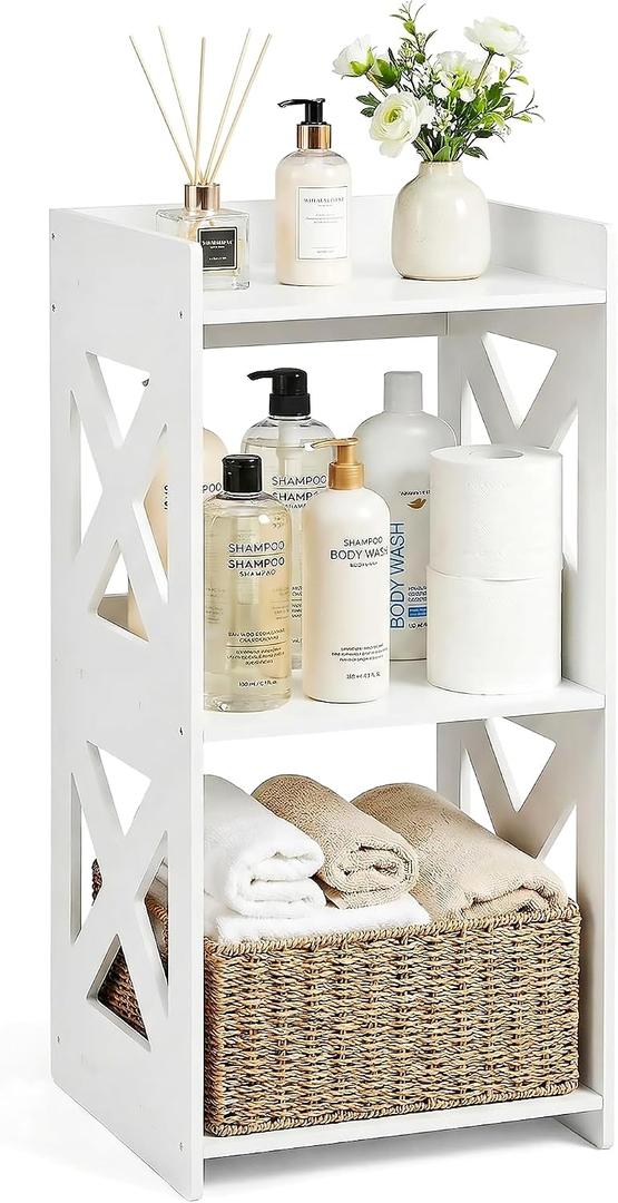 Small Bathroom Storage Corner Shelf, Waterproof PVC Narrow Floor Stand, Slim Gap Filler Organizer for Toilet Side, Laundry Room, Shower, Kitchen Spice Rack, White Restroom Holder (3-Tier)