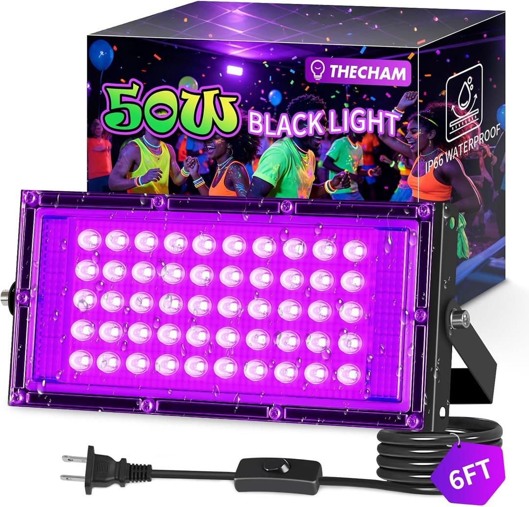 THECHAM 50W LED Black Lights IP66 Waterproof Black Light Outdoor with 6ft Plug+Switch,Flood Blacklight for Halloween Glow in The Dark Party Stage Light Neon Glow Birthday 1 Pack