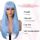 Light Blue Long Straight Layered Wig with Bangs for Women 26 inch Put on Go Realistic Synthetic Heat Resistant Natural Wig for Girls Party Cosplay and Daily Use