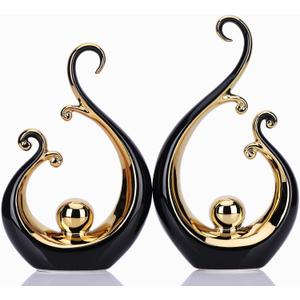 DOVDOV Abstract Ceramic Black Statue 2 Piece Set, Modern Art Black Gold Home Decor, Unique Home Decor, Coffee Table Bookshelf Room Shelf Coffee Table Console TV Stand Decor and Accessories.