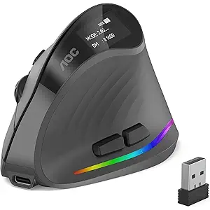 AOC 2.4GHz Ergonomic Mouse, Wireless Bluetooth Vertical Mouse for Work, 4800 DPI Optical Tracking, 5 Adjustable DPI, Quiet Clicks, RGB Light, Compatible with Computer, Laptop, PC, Mac, Desktop  Gray