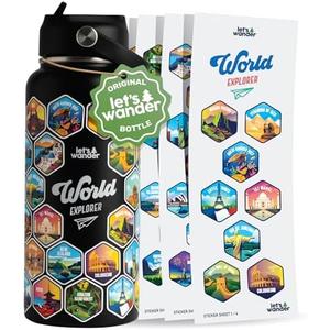 LET'S WANDER World Explorer Adventure Water Bottle with 50 Waterproof Stickers - 32oz Leakproof Insulated Stainless Steel with Straw - Travel Goal Gift Bottle (Black)