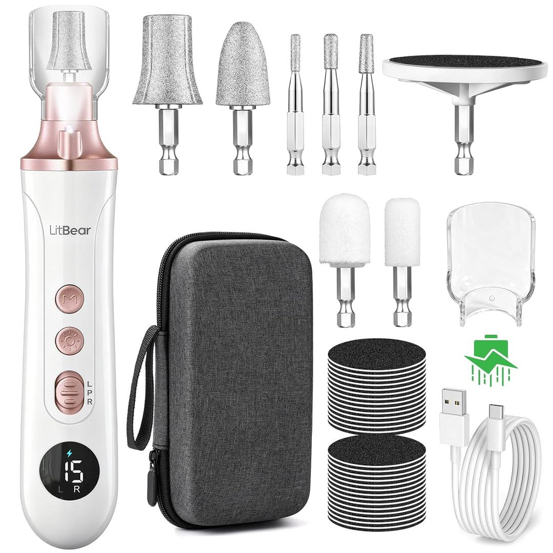 Litbear Electric Nail Drill File Set, 15 Speed Professional Nail Grinder for Thick Toenails, Cordless Pedicure Manicure Tool Callus Remover for Women Men Senior Hand Feet Care, Home Salon Use (White)
