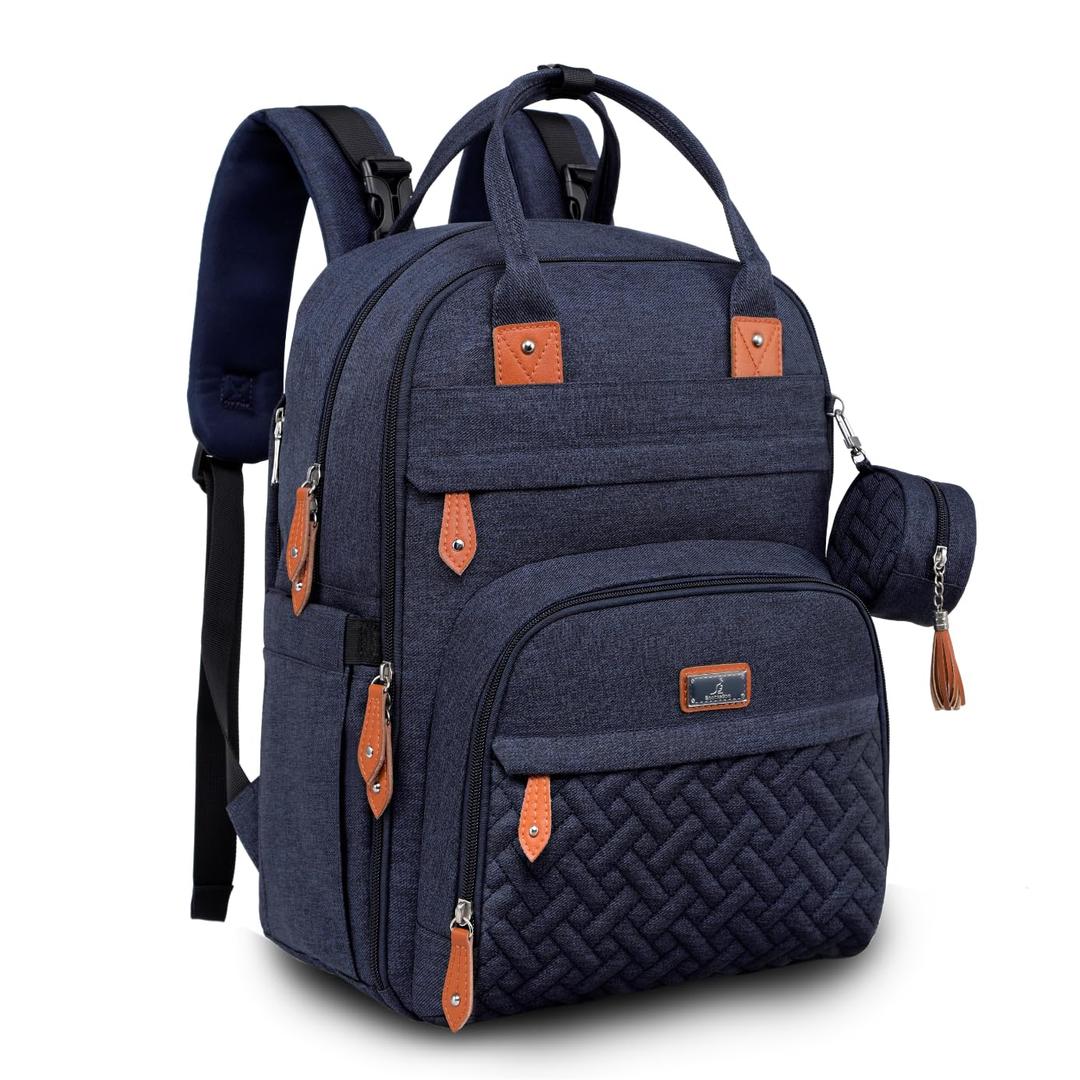 BabbleRoo Diaper Bag Backpack - Baby Essentials Travel Tote - Multi Function Water Resistant Diaper Bag, Travel Essentials Baby Bag with Changing Pad, Stroller Straps & Pacifier Case - Navy Blue (26L)