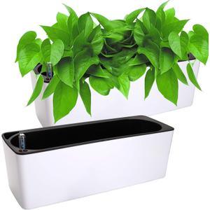 Fasmov 2 Pack Rectangle Self Watering Planter with Water Level Indicator, 16x 5.5 Inch Window Gardening Box, Decorative Planter Pot for All House Plants Flowers Herbs, Decorative Planter Pot