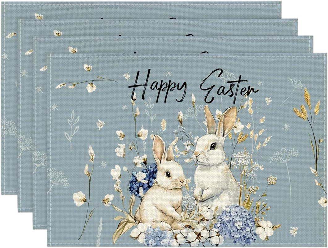 Artoid Mode Bunny Rabbits Hydrangea Happy Easter Placemats Set of 4, 12x18 Inch Seasonal Spring Table Mats for Party Kitchen Dining Decoration (Blue)