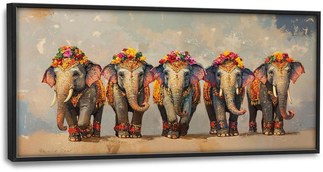Elephant Large Wall Art Elephant Floral Pictures Wall Decor Traditional Thailand Canvas Landscape Painting Modern Artwork Home Decoration for Living Room Bathroom Bedroom Office Framed 60"x30"