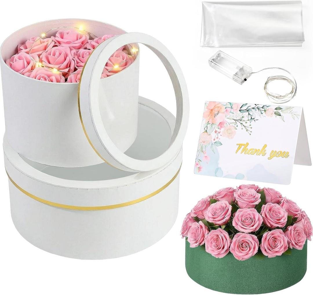 Nuenen 2 Pcs Round Gift Boxes with Lids Floral Foam LED Light Thank You Floral Greeting Cards Flower Arrangements Supplies for Valentine Birthday Wedding Bridesmaid Proposal(White)