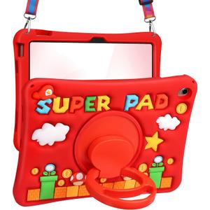 Cute for iPad A16 Case/for iPad 10th Generation/11 Inch Case - Silicone 3D Design for Girls Women Teens Girly Kawaii Funny Cartoon Soft Stand with Lanyard, Red