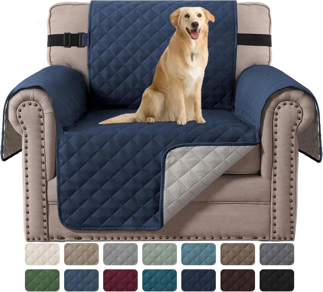 H.VERSAILTEX Reversible Chair Cover for Dogs Pet Water Repellent Sofa Cover Chair Slipcover 2" Thick Strap Slip-Resistant Chair Protector Soft Quilted Seat Width Up to 21" (Armchair, Navy/Beige)