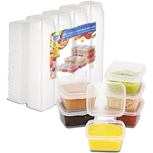 2 oz Plastic Containers with Lids (200pack), Disposable Condiment Containers with Lids, Portion Cups for Sauce, Jello Shot, Souffle (Square)