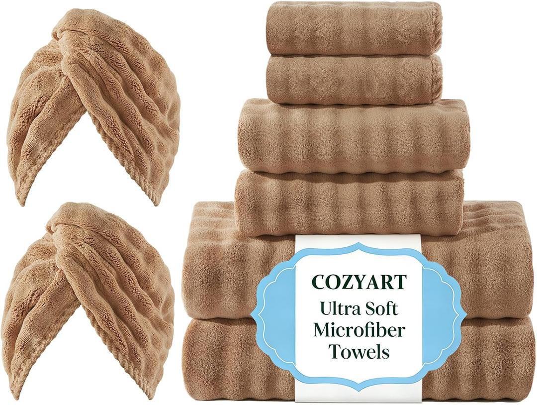 COZYART Lint Free Towel Sets 8 Pcs Tan, Super Soft, Absorbent & Quick Dry Thick Microfiber 3D Bubble Bathroom Daily Use Set with 2 Bath Towels, 2 Hand Towels, 2 Washcloths, 2 Hair Towels