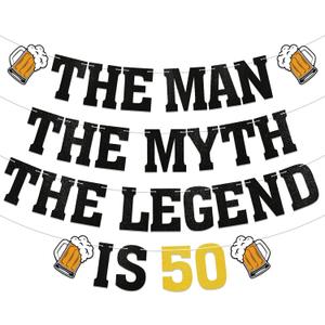 The Man The Myth The Legend is 50 Banner - Cheers & Beers to 50 Years Birthday Decorations, 50 Years Loved & Blessed Decorations, Legend Since 1974 Decor, Happy 50th Birthday Party Decorations Black Glitter