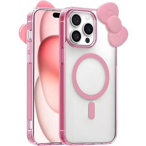 DLIIDCA Cute Cartoon 3D Bowknot Design Compatible for iPhone 15 Case, Kawaii Fun Design Transparent Magnetic Shockproof Protective case for Boys and Girls for iPhone 16 6.1" (Pink)
