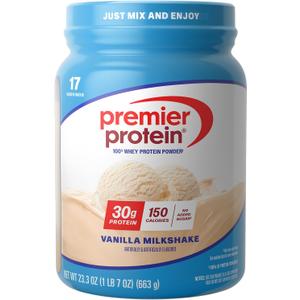 Premier Protein Powder, Vanilla Milkshake, 30g Protein, 1g Sugar, 100% Whey Protein, Keto Friendly, No Soy, Gluten Free, 23.3 oz (17 Servings) (EXP 07/02/26)