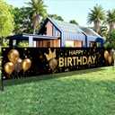 Happy Birthday Long Banner 118x20 Inch Black Gold Crown Theme Party Backdrops Decoration Balloons Confetti Polyester Fabric Large Event Supplies For Girls or boys gifts