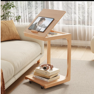KASLANDI C Shaped Table for Couch, C Table with Wheels,Wooden Couch Table Adjustable Desktop for Living Room, Bedroom - Natural Color