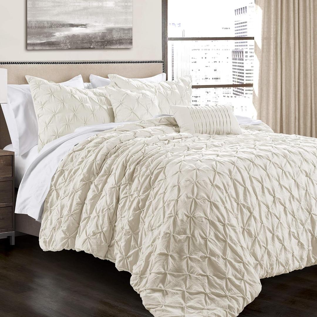 Lush Decor Ravello Pintuck Comforter Set - Luxe 5 Piece Textured Bedding Set - Traditional Glam & Farmhouse Inspired Bedroom Decor - Full/ Queen, Ivory