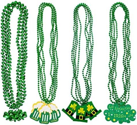 Moon Boat 18PCS St. Patrick's Day Shamrock Necklaces Clover Green Bead Irish Party Decorations Supplies for Adults