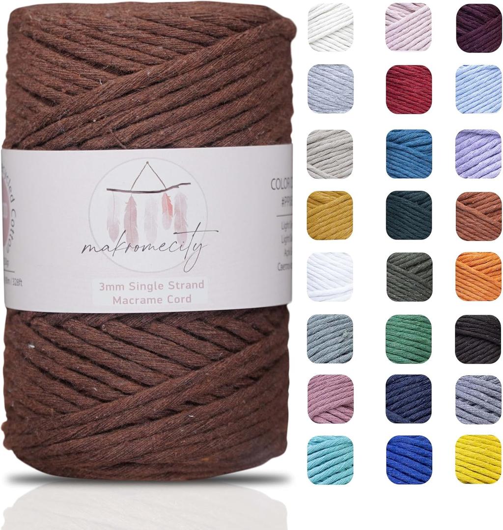 Makromecity, Single Strand Macrame Cord 3 mm x 100 Yards (300 feet) 3mm Single Twisted Bitter Coffee Cotton Cord for Macrame Art & Crafts for Wall Hangings Recycled Cotton (Bitter Coffee, 1 Skein)