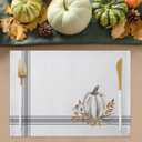 Fall Placemats Thanksgiving White Pumpkin Leaf Branch Tablemats for Dinner Table Gray Stripes Autumn Table Mats for Thanksgiving Day Holiday Cotton Linen Washable Set of 6
