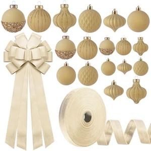 Motionchic 20 Pcs Velvet Christmas Ornaments Set Champagne Flocked Ball Hanging Shatterproof Ornaments Velvet Large Tree Topper Ribbon Bow Xmas Flocked Ribbon for Xmas Tree Home Decorations