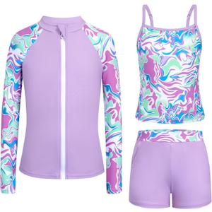 Rash Guard for Girls Long Sleeve 3 Piece Teens Swimsuits Zip Up Bathing Suit with Pockets Boyshorts (15-16 Years, Purple)
