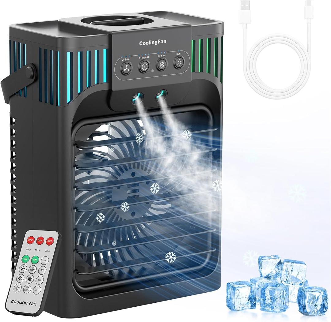 Serantzon Portable Air Conditioners, 4-in-1 Evaporative Air Cooler with Remote Control, Cooling Fan with 3 Modes, 3 Speeds & 7 LED Lights, 2-8H Timer, 1200ML Personal Mini AC Unit for Home, Bedroom