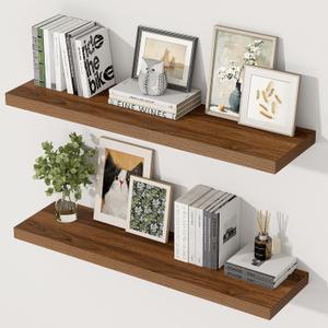 36 Inch Floating Shelves, 12 Inch Deep Floating Shelves for Wall, Extra Deeper & Thicker Wooden Wall Shelf with Invisible Brackets, Shelf for Bedroom Home Decor（Walnut, Set of 2）