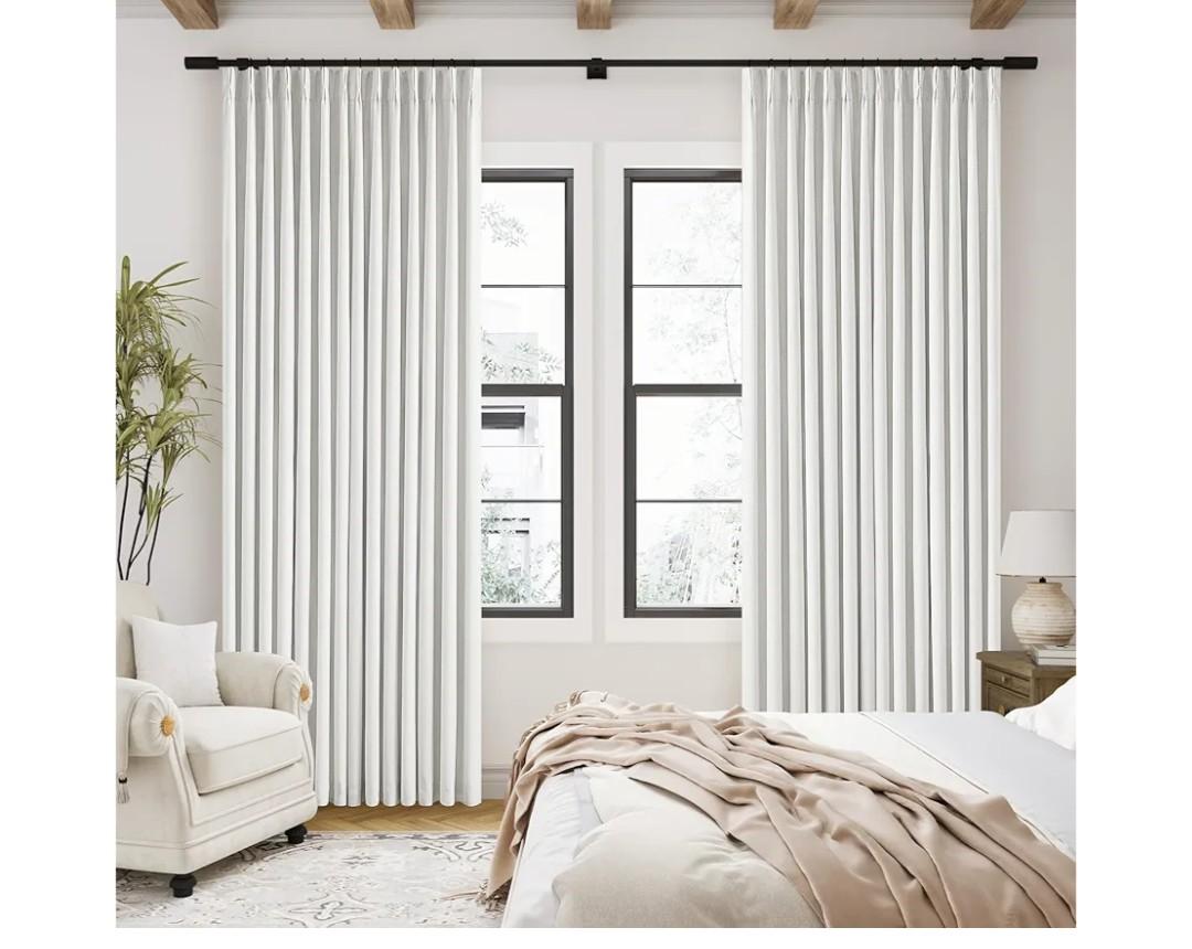 TWODRAPES 90 Inch Linen Blackout Curtains Pinch Pleated for Living Room Thermal Noise Reduction Two Layer 100% Black Out Curtains with Liner Back Tab Pinch Pleat Rings Hooks Window Drapes Track Ivory