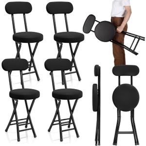 4 Pack Folding Bar Stool Cushioned Padded Folding Stool, 19 Inch Height Bar Stools with Backrest, Faux Leather Seat, Black Foldable Chair Support 220 LBS for Kitchen Room Hiking Camping Fish