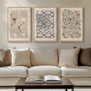 Framed William Morris Canvas Wall Art for Living Room, Set of 3 Large Neutral Floral Botanical Prints, Vintage Rustic Boho Pictures for Bedroom Hallway Office, 16x24 Inch