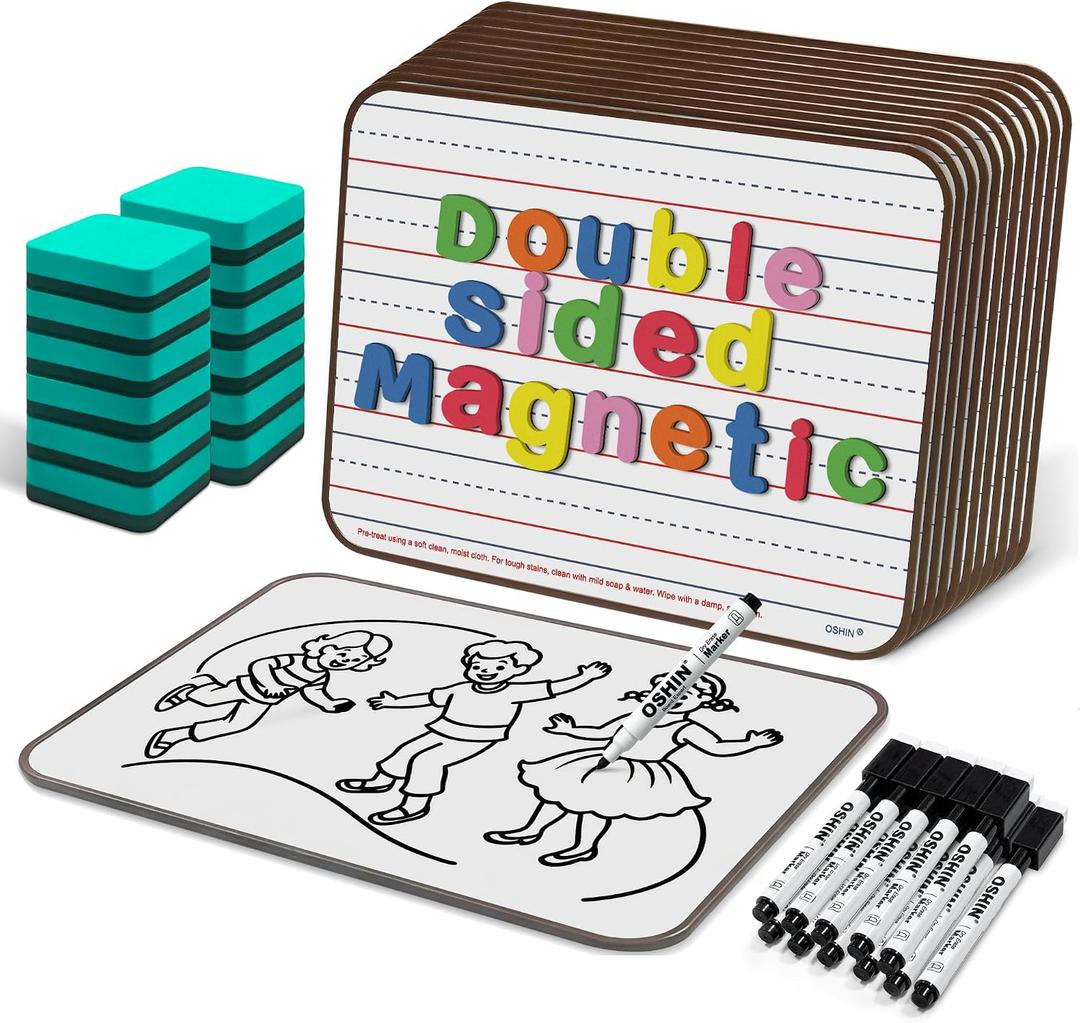 12 Pack Small White Boards, 9"x12" Double Sided Magnetic Dry Erase Boards Personal Handheld Whiteboards with Lines for Kids, Students, Teacher School, Include 12 Markers, 12 Erasers, 12X52 Pcs Letters