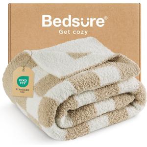 Bedsure Checkered Throw Blanket for Couch - Super Soft, Cozy & Warm Knit Blanket, Breathable, Lightweight & Fluffy for Bed & Sofa, Checkered Beige, 50x60 Inches (Throw (50" x 60"), 01 - Checkered Beige)