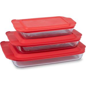 Pyrex Basics 3-Pack Glass Baking Dish Set (2QT, 3QT, 4.8QT) With BPA-Free Lids, Rectangular Glass Bakeware, Dishwasher, Microwave, Freezer & Pre-Heated Oven Safe