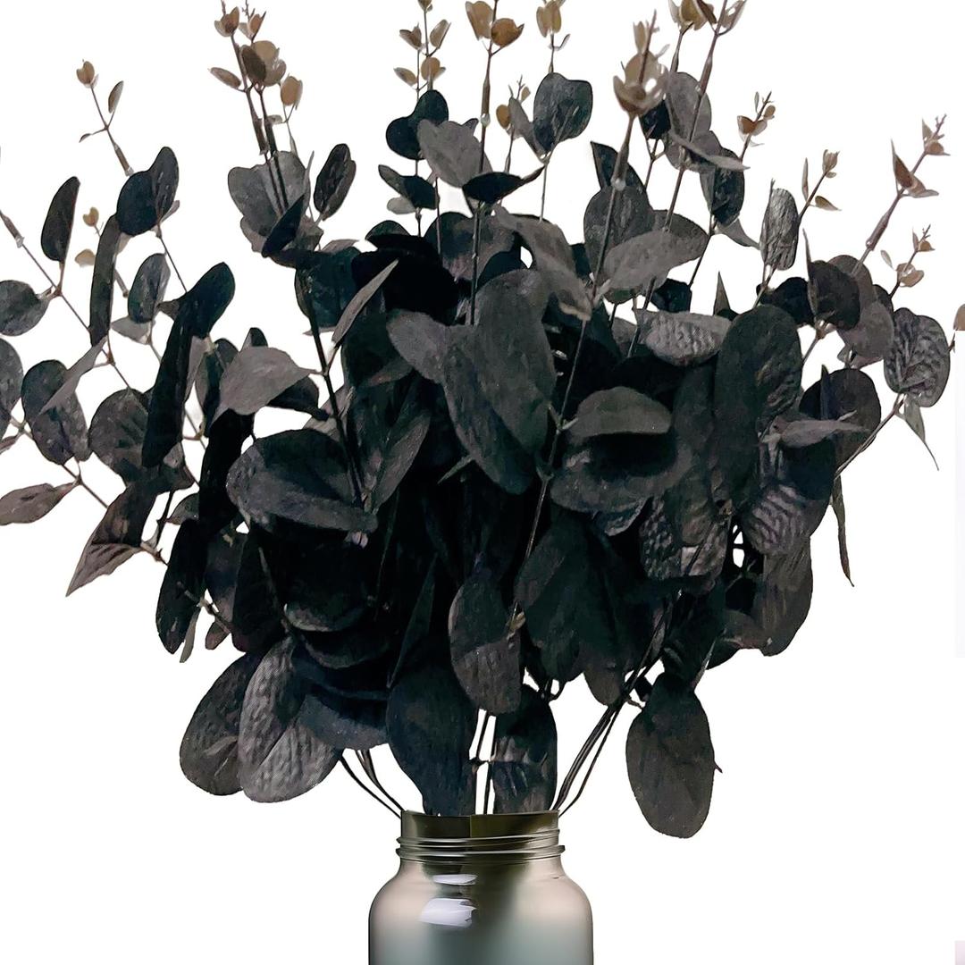 5 Pack 13.4 Inches Black Eucalyptus Stems, Black Flowers and Branches, Fake Vase Table Centerpiece House Dcor, Faux Flowers for Crafts, Indoor Outdoor Halloween Decorations for Parties, Haunted House
