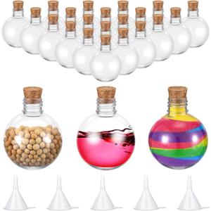 Layhit 24 Pcs Spherical Plastic Potion Bottles Ball Shape Round Bottles 3.4 oz Sand Art Jar with 5 Funnels Decorative container Candy Jar for Valentines Birthday DIY Crafts(Brown,Cork Stopper)