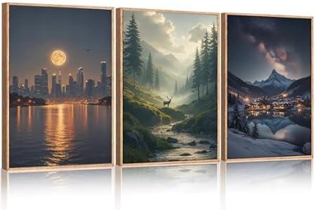 BICERE Large Modern City Moon Framed Canvas Wall Art, Forest Misty Wall Decor, Winter Town Night Wall Painting, Nature Landscape Picture Artwork for Living Room, Bedroom, Dining Room, Office, 24"x36"x3