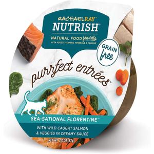 Rachael Ray Nutrish Purrfect Entrees Grain-Free Sea-Sational Florentine with Wild Caught Salmon & Veggies in Creamy Sauce Wet Cat Food, 2-oz cup, case of 12, BBD 07/12/2026