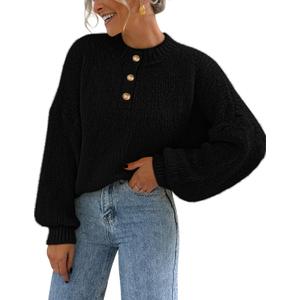 MEROKEETY Women's 2025 Fall Oversized Sweaters Chunky Long Lantern Sleeve Buttoned Mock Neck Winter Knit Loose Pullover Tops (Black, M)