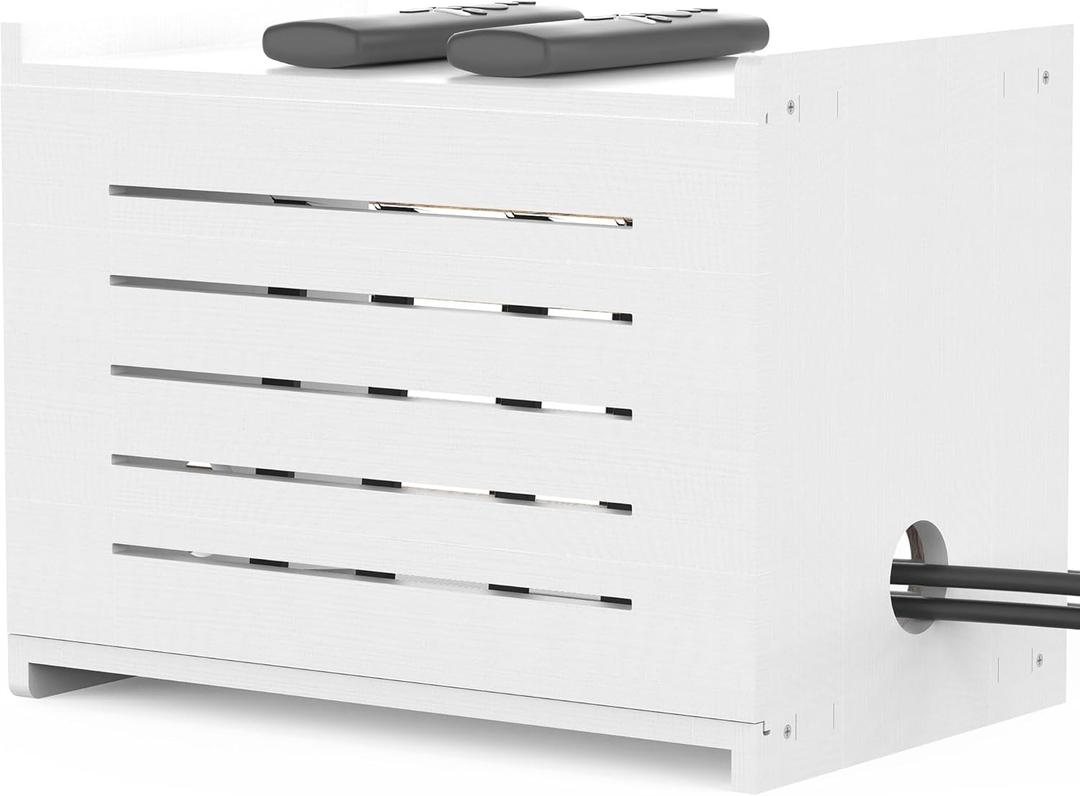 Wooden WiFi Router Storage Box, Decorative Router Hider with Cable Management System, Countertop Modem Shelf Hider Cover, Home Organization Solution for Most Routers Up to 9.8" Tall, Need Assembly (White)