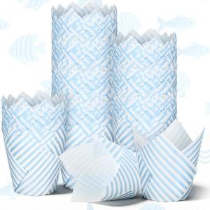 Rtteri 200 Pcs Blue Striped Coastal Tulip Cupcake Liners Blue and White Square Striped Cupcake Liners Summer Party Decor Wrappers for Under the Sea Beach Bridal Baby Shower Wedding Birthday Supplies