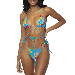 Women Halter String Bikini Set Sexy Thong Cheeky Two Piece Swimsuits Solid Color Bathing Swimwear (Flower, Medium)