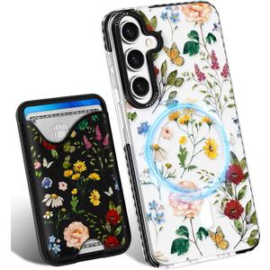 Toycamp for Samsung Galaxy S25 Case - Compatible with Magsafe Credit Card Holder Wallet Magnetic Cute Women Teen Girls Kawaii Girly Unique Flower Floral Design Phone Cover for Samsung S25