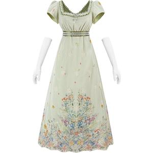 Nuoqi Regency Dresses for Women Green Victorian Ball Gown 1800s Tea Party Costume with Gloves Small